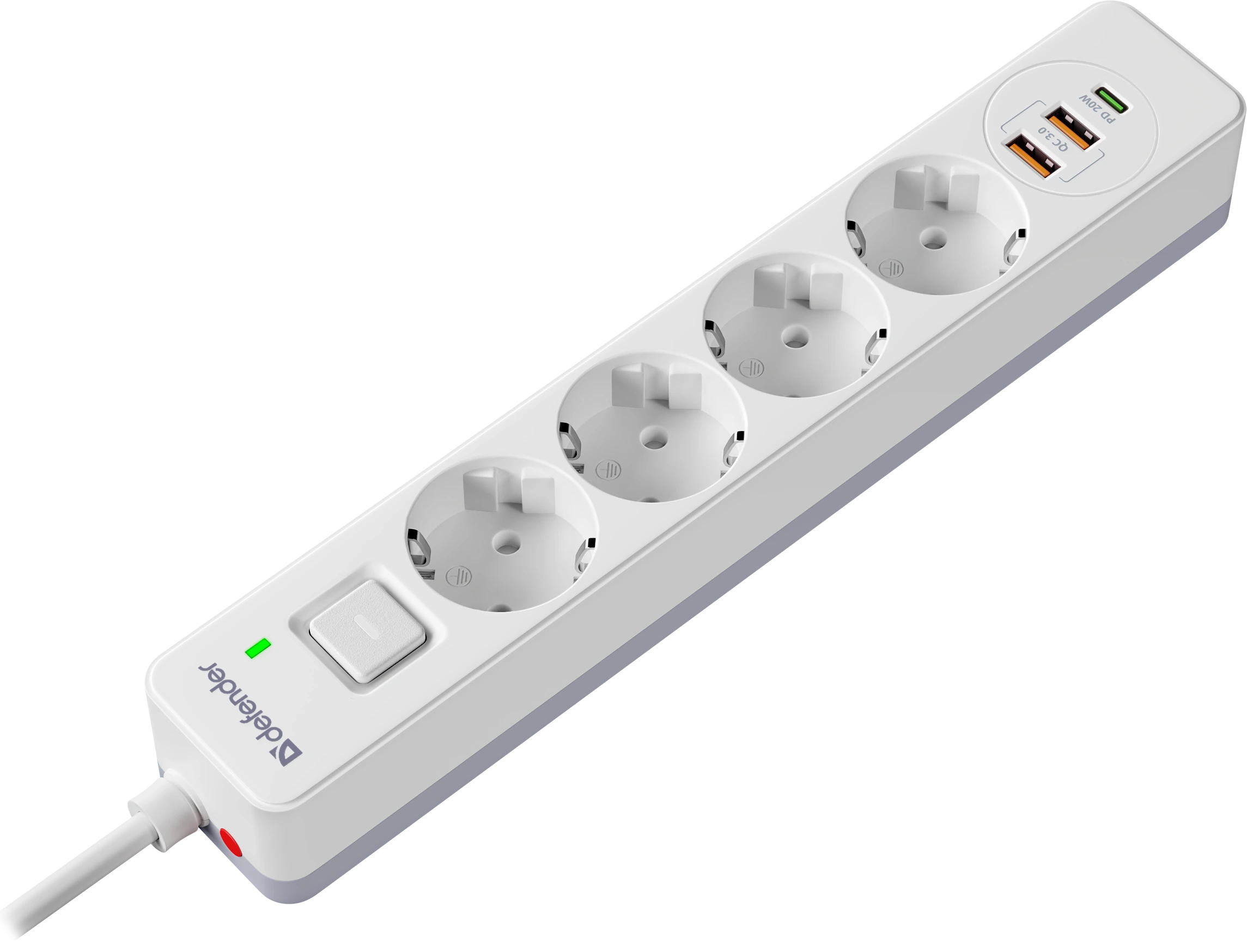 Сетевой фильтр Defender DFS 143 - 3,0 М, 4 розеток, 2xUSB, 1xType-C, белый