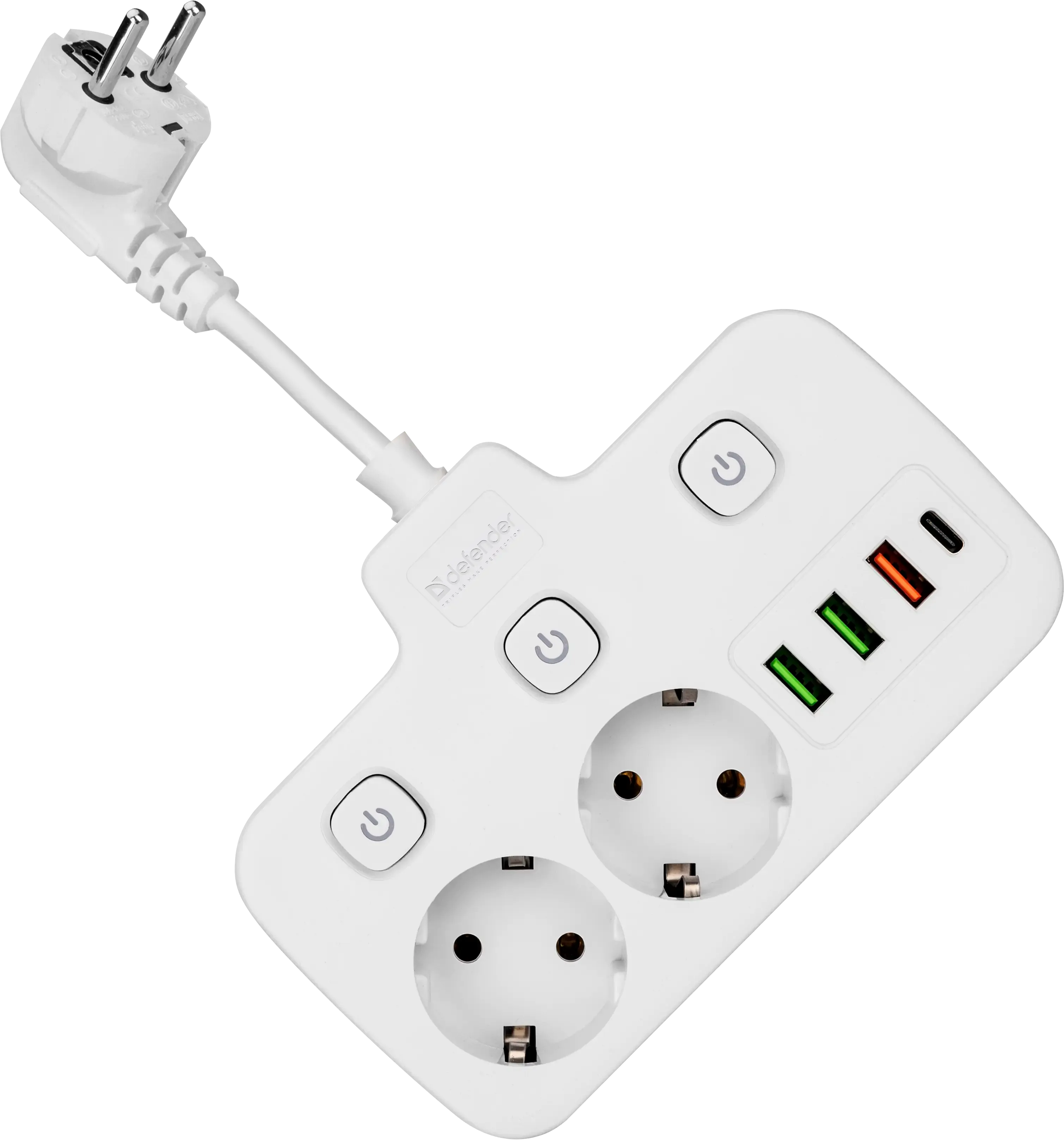 Удлинитель Defender без заземления R240 (99295) 0.2м, 2 розетки, 3xUSB, 1xType-C, белый