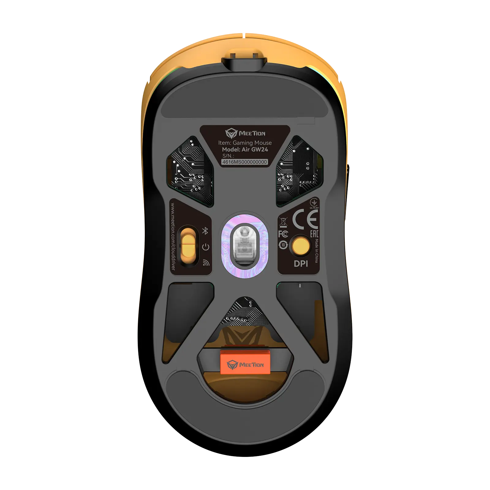 Мышь MeeTion Air GW24 [проводная + беспроводная, светодиодная, 8000 DPI, 1000 Гц, подсветка, желтый]
