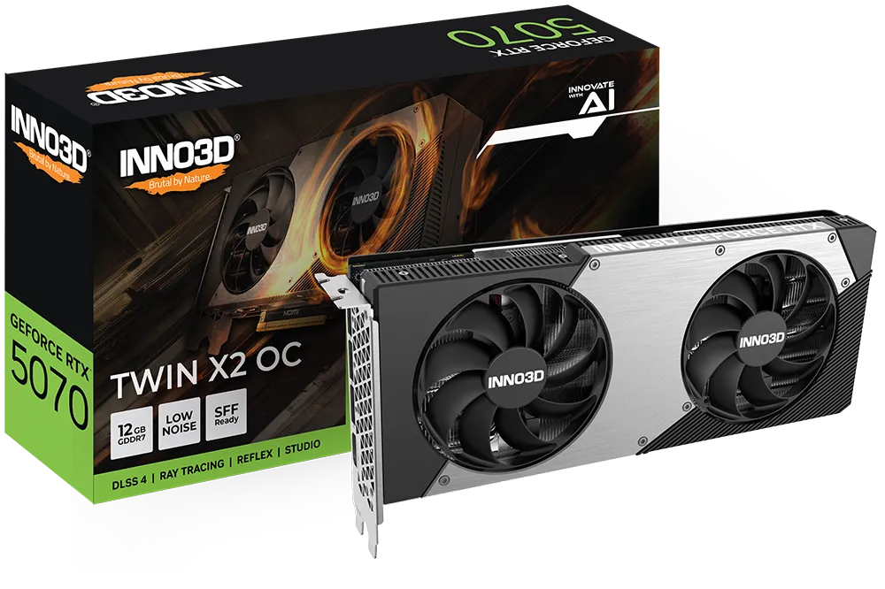 Видеокарта Inno3D GeForce RTX5070 TWIN X2 OC (N50702-12D7X-195064N) [12 ГБ, GDDR7, 192 бит, HDMI, DisplayPort (3 шт)]