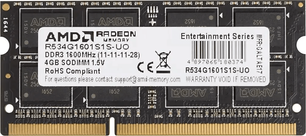 Оперативная память для ноутбука AMD Radeon R5 Entertainment Series (R534G1601S1S-U) [4 ГБ, DDR 3, 1600 МГц, 1.5 В]