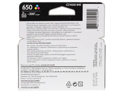 Картридж струйный, HP, CZ102AE, цветной, №650, оригинал