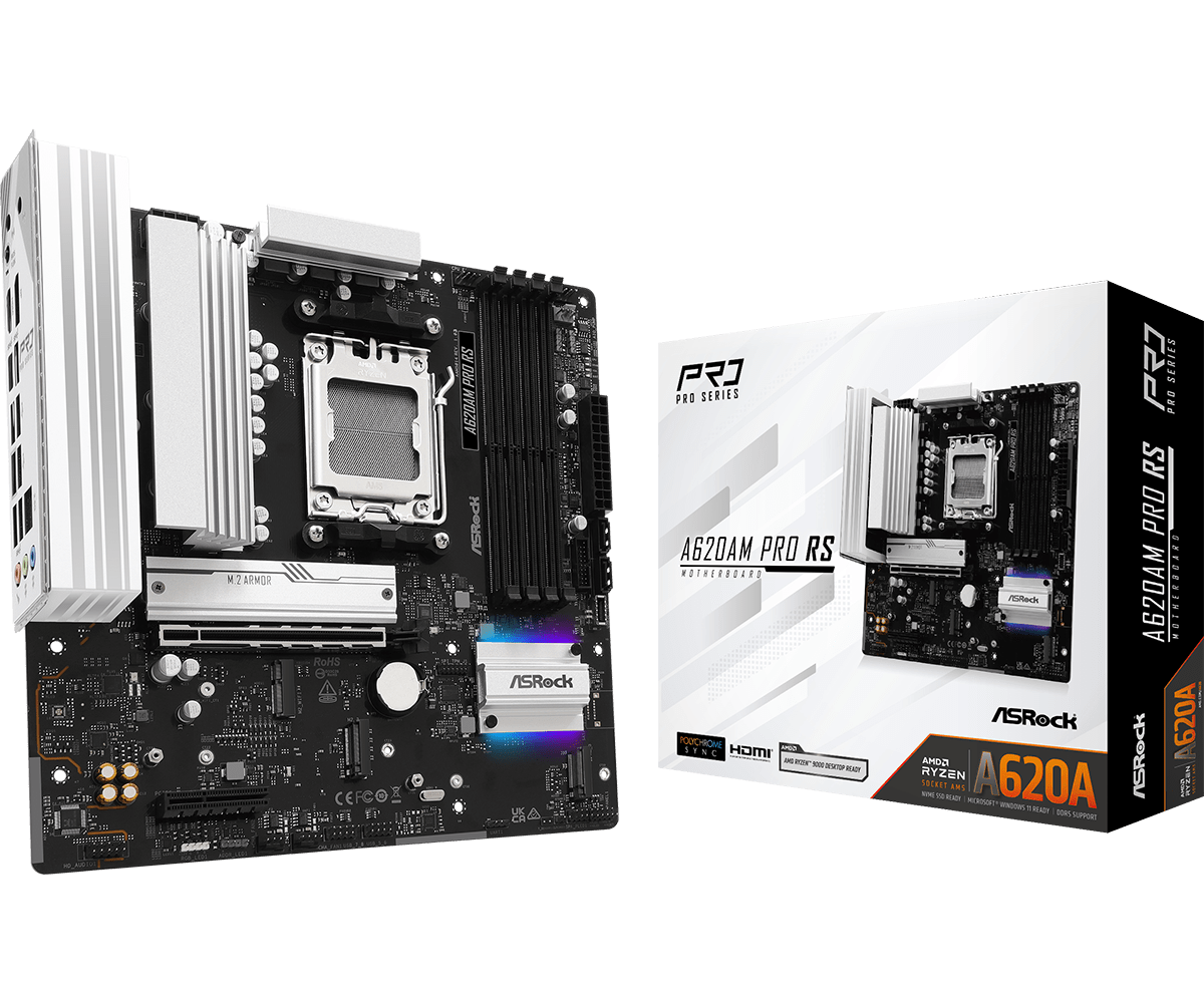 Материнская плата ASRock A620AM PRO RS [AM5, AMD A620, 4xDDR 5, 3xM.2, 1xPCI-E x16, Micro-ATX]