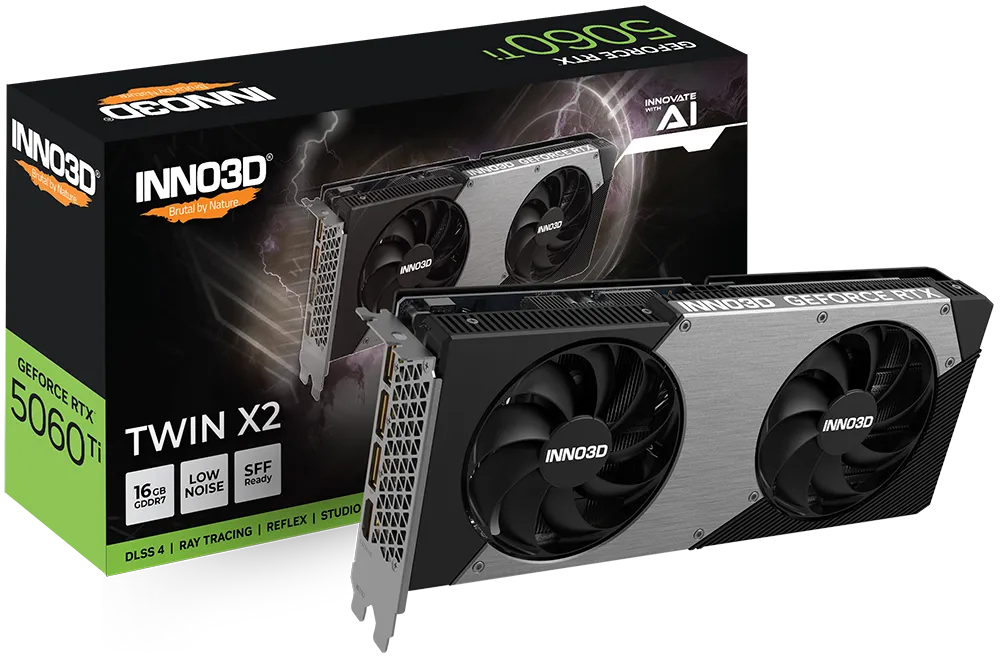 Видеокарта Inno3D GeForce RTX 5060 Ti 16GB TWIN X2 (N506T2-16D7-191073N) [16 ГБ, GDDR7, 128 бит, HDMI, DisplayPort (3 шт)]