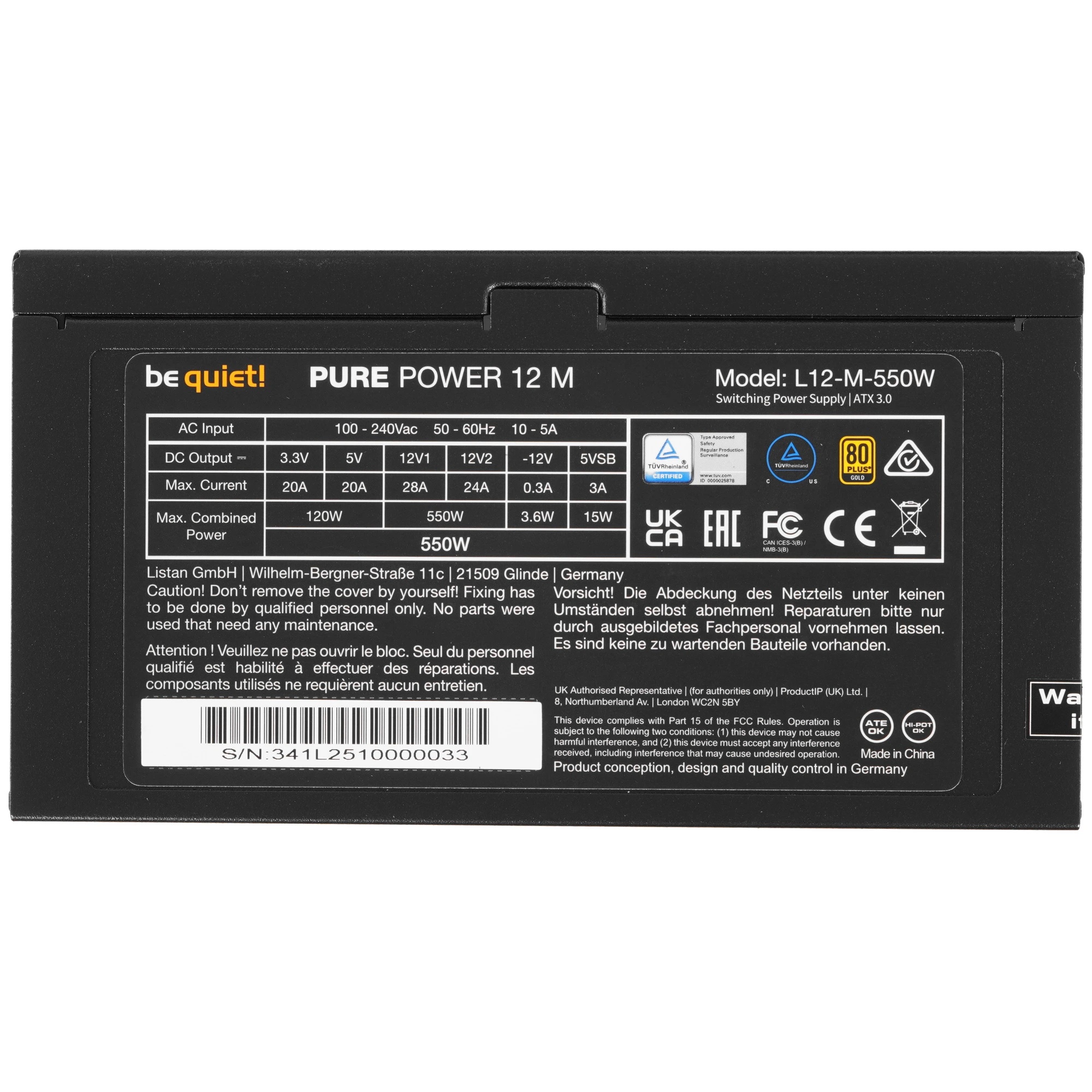 Блок питания Be quiet! Pure Power 12 M (BN341) [550 Вт, 80 PLUS Gold, 5x SATA, 1 x 16 pin (12VHPWR), 2 x 6+2 pin PCIe, 1x 4+4 pin CPU, EPS12V, ATX]