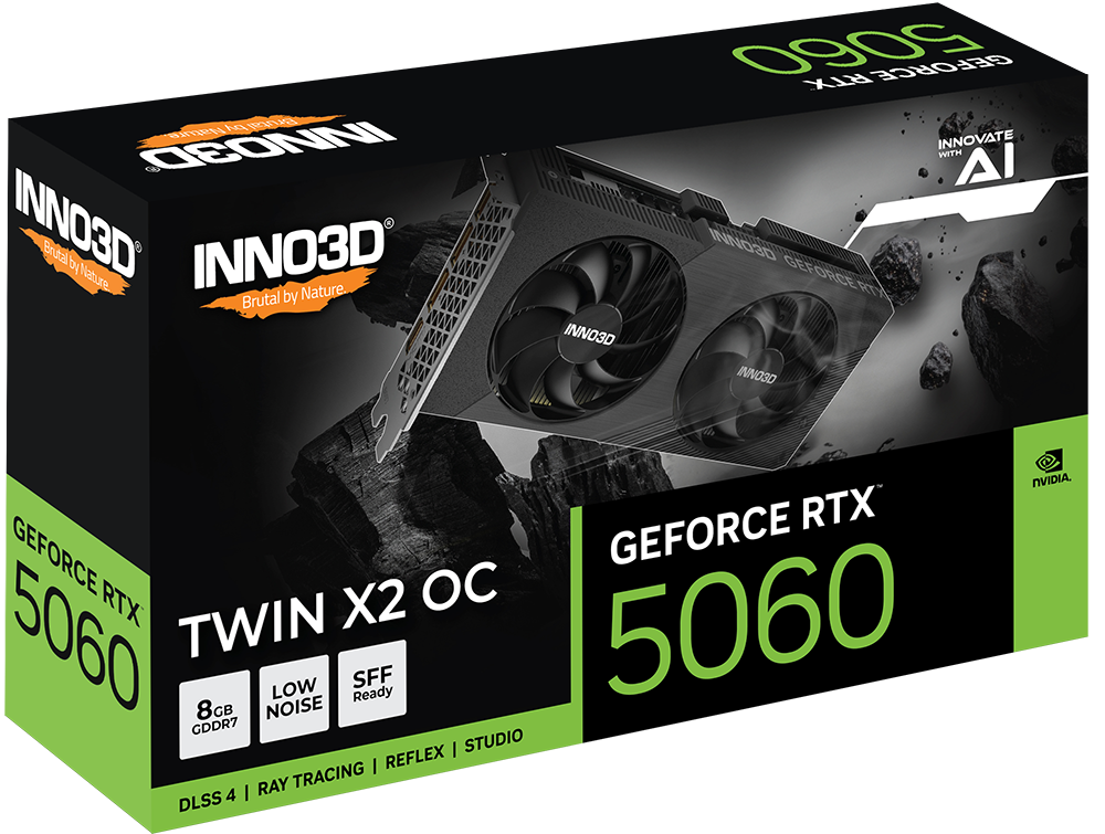 Видеокарта Inno3D GeForce RTX 5060 8GB TWIN X2 OC V2 (N50602-08D7X-195071N) [8 ГБ, GDDR7, 128 бит, HDMI, DisplayPort (3 шт)]