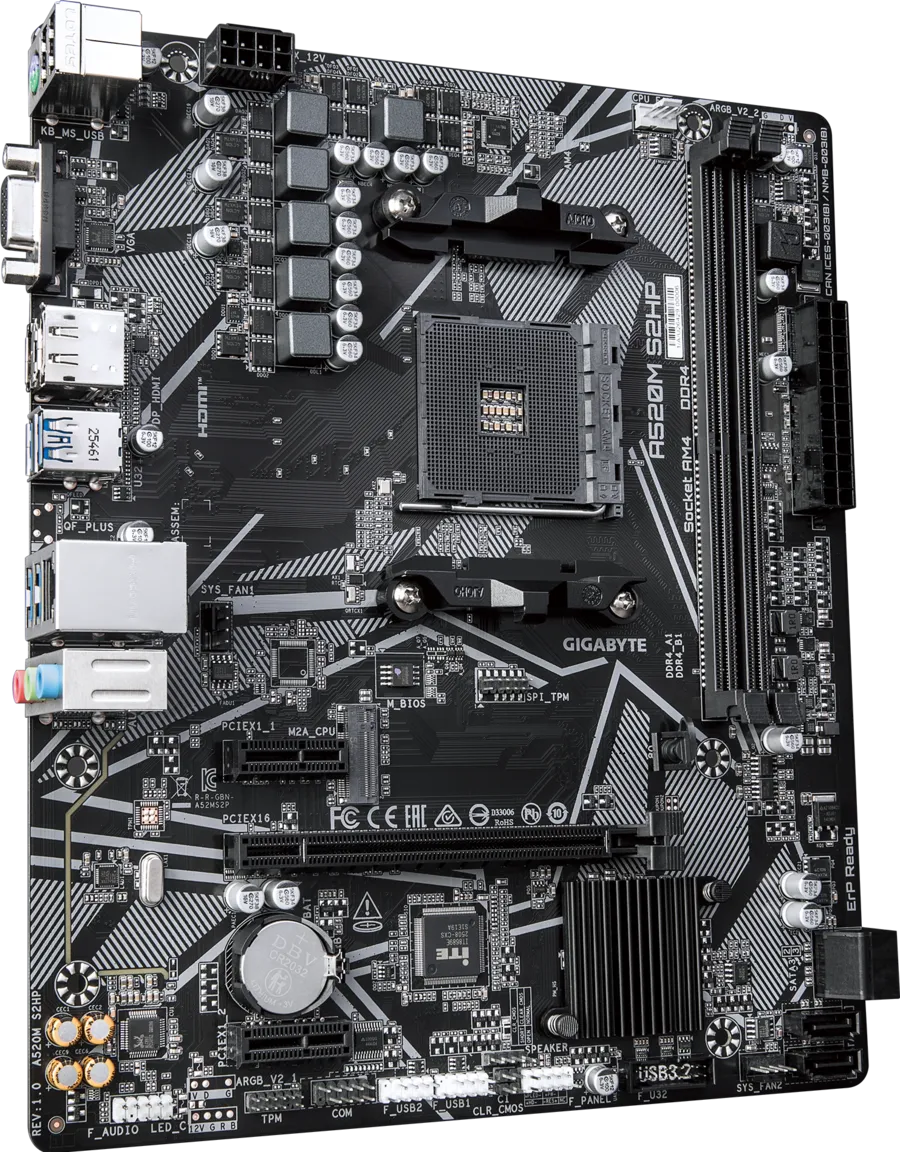 Материнская плата Gigabyte A520M S2HP [AM4, AMD A520, 2xDDR 4, 1xM.2, 1xPCI-E x16, Micro-ATX]