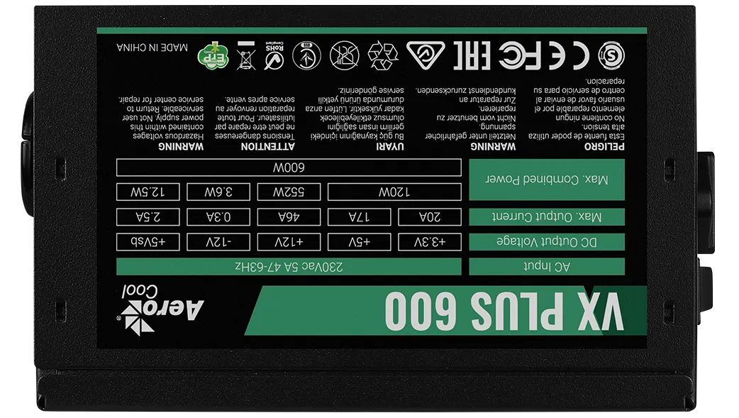 Блок питания AeroCool VX PLUS Stealth 600 (ACPN-VS60NEY.12) [600 Вт, 80 PLUS нет, 4x SATA, 2x 6+2 pin PCIe, 1x 4+4 pin CPU, ATX]