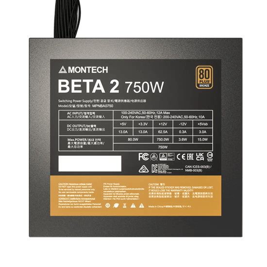 Блок питания Montech BETA 2 750W [750 Вт, 80 PLUS Bronze, 4x SATA, 4 x 6+2 pin PCIe, 2x 4+4 pin CPU, ATX]