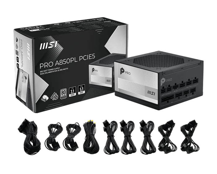Блок питания MSI PRO A850PL PCIE5 [850 Вт, 80 PLUS Platinum, 6x SATA, 1 x 16 pin (12VHPWR), 3 x 6+2 pin PCIe, 2x 4+4 pin CPU, EPS12V, ATX]