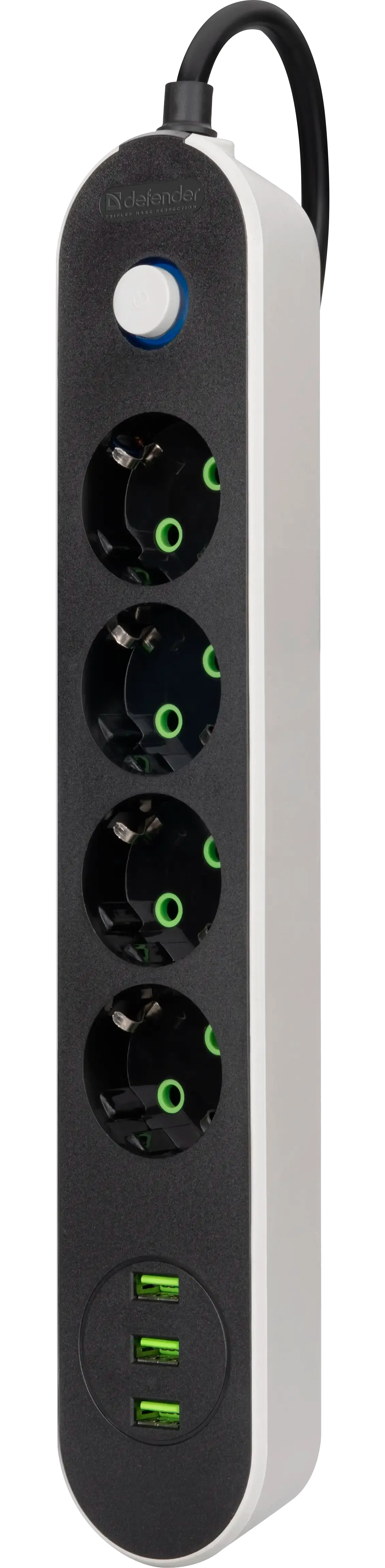 Удлинитель Defender без заземления R210 (99290) 3 м, 4 розетки, 3xUSB, черный