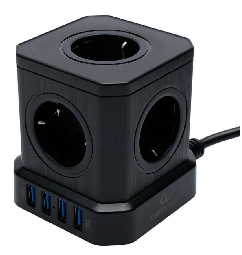 Сетевой фильтр Cablexpert Tower, TWR-5-U4-B-3, 5р, 10А, 4хUSB, 3.1А, 3м, ур.защ. 4+, коробка черный
