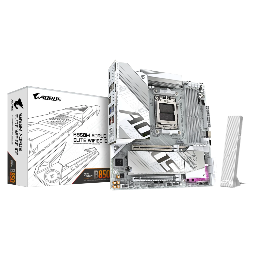 Материнская плата Gigabyte B850M A ELITE WIFI6E ICE (B850M A ELT WF6E ICE 1.1) [AM5, AMD B850, 4xDDR 5, 3xM.2, 2xPCI-E x16, Micro-ATX]