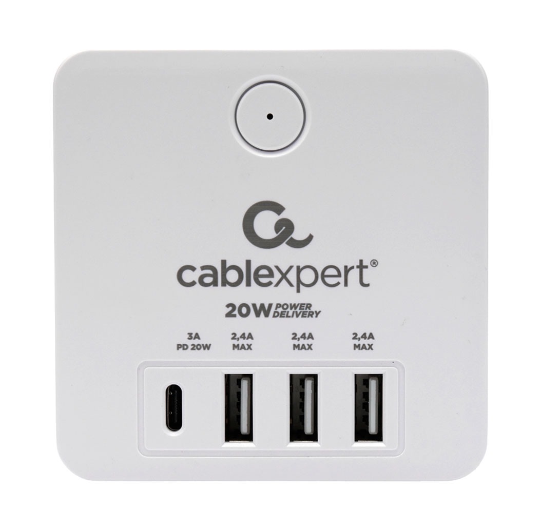 Сетевой фильтр Cablexpert Cube, CUBE-4-CU3-W, 4р, 16А, 1xType-C PD, 3хUSB, ур.защ. 2+, коробка белый