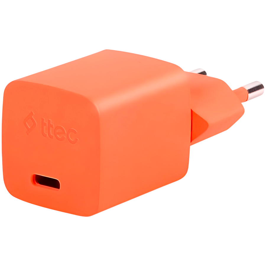 ttec SmartCharger GAN 20W PD (2SCG20CNT) Travel Fast Charger + USB-C - USB-C 3A Cable 120cm, Neon Orange