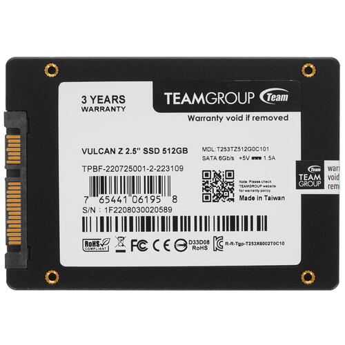 Твердотельный накопитель SSD TeamGroup T-FORCE VULCAN Z, T253TZ512G0C101 [512 ГБ, 2.5" SATA III, чтение: 540 МБ/с, запись: 470 МБ/с, TLC]