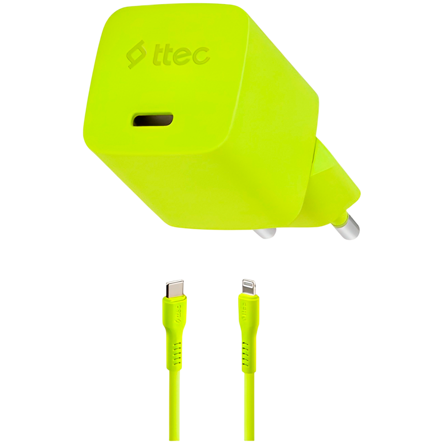 ttec SmartCharger GAN 20W PD (2SCG20LNS) Travel Fast Charger + USB-C - Lightning Cable 120cm, Neon Yellow