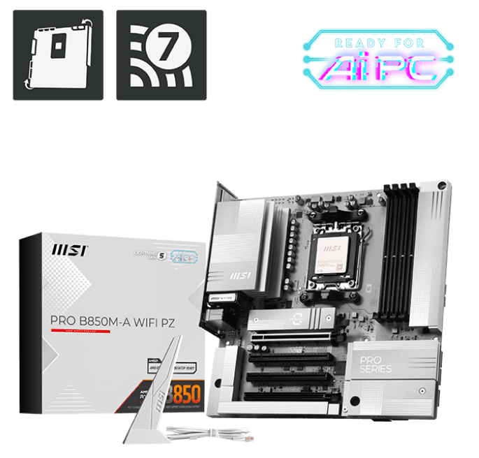 Материнская плата MSI PRO B850M-A WIFI PZ [AM5, AMD B850, 4xDDR 5, 2xM.2, 4xPCI-E x16, Micro-ATX]