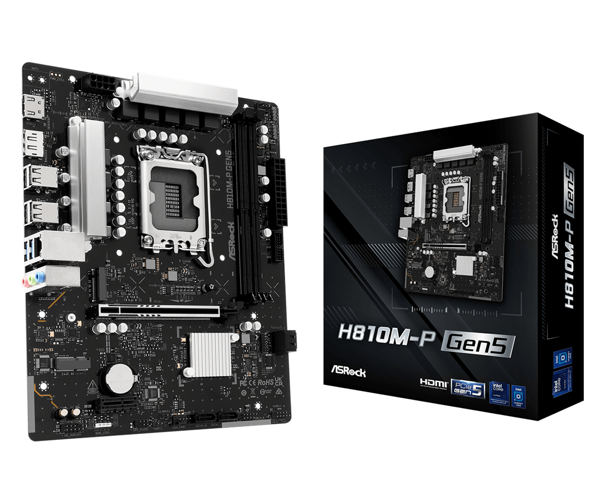 Материнская плата ASRock H810M-P Gen5 [LGA 1851, Intel H810, 2xDDR 5, 1xM.2, 1xPCI-E x16, Micro-ATX]