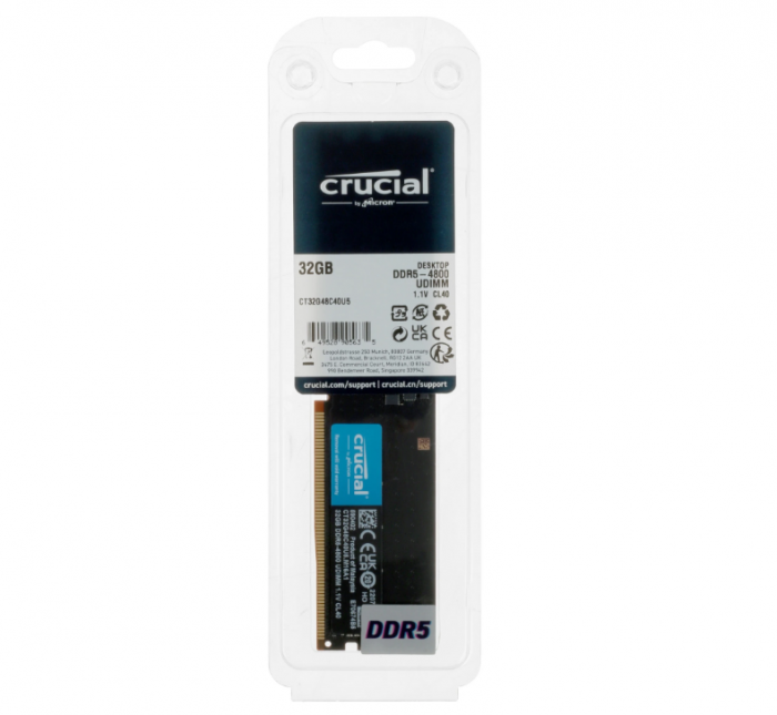 Оперативная память Crucial DIMM DDR5 (CT32G48C40U5) [32 ГБ, DDR 5, 4800 МГц, 1.1 В]