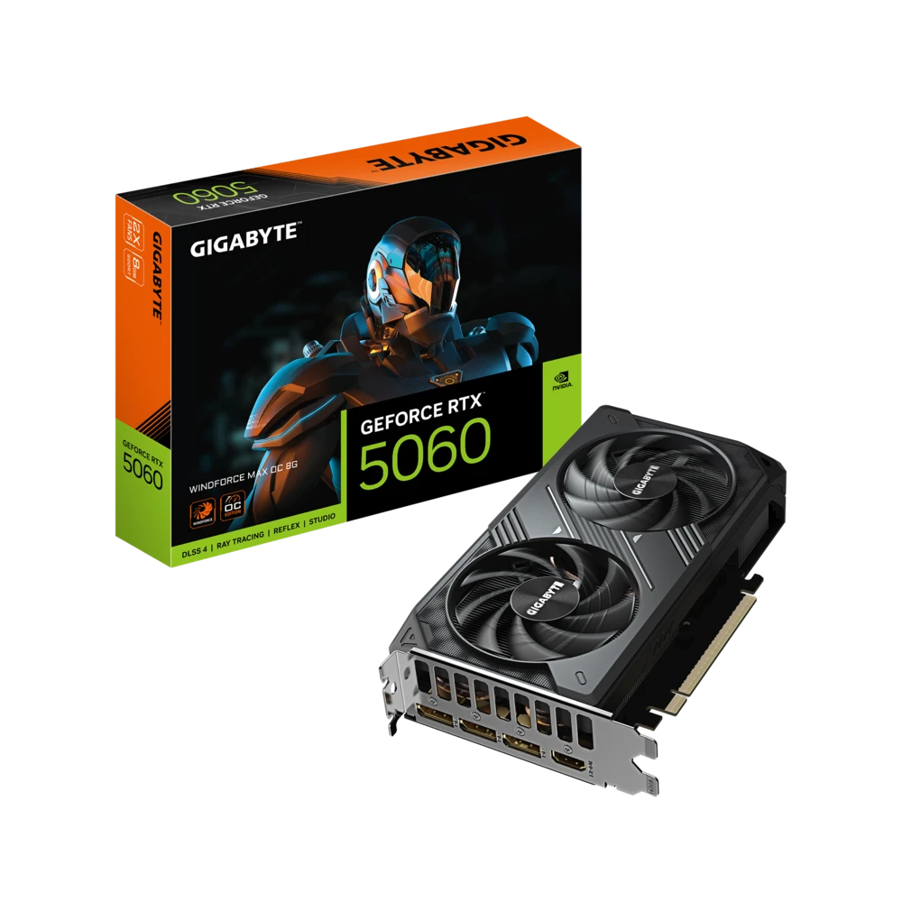 Видеокарта Gigabyte GeForce RTX 5060 WINDFORCE MAX OC 8G (GV-N5060WF2MAX OC-8GD) [8 ГБ, GDDR7, 128 бит, HDMI, DisplayPort (3 шт)]