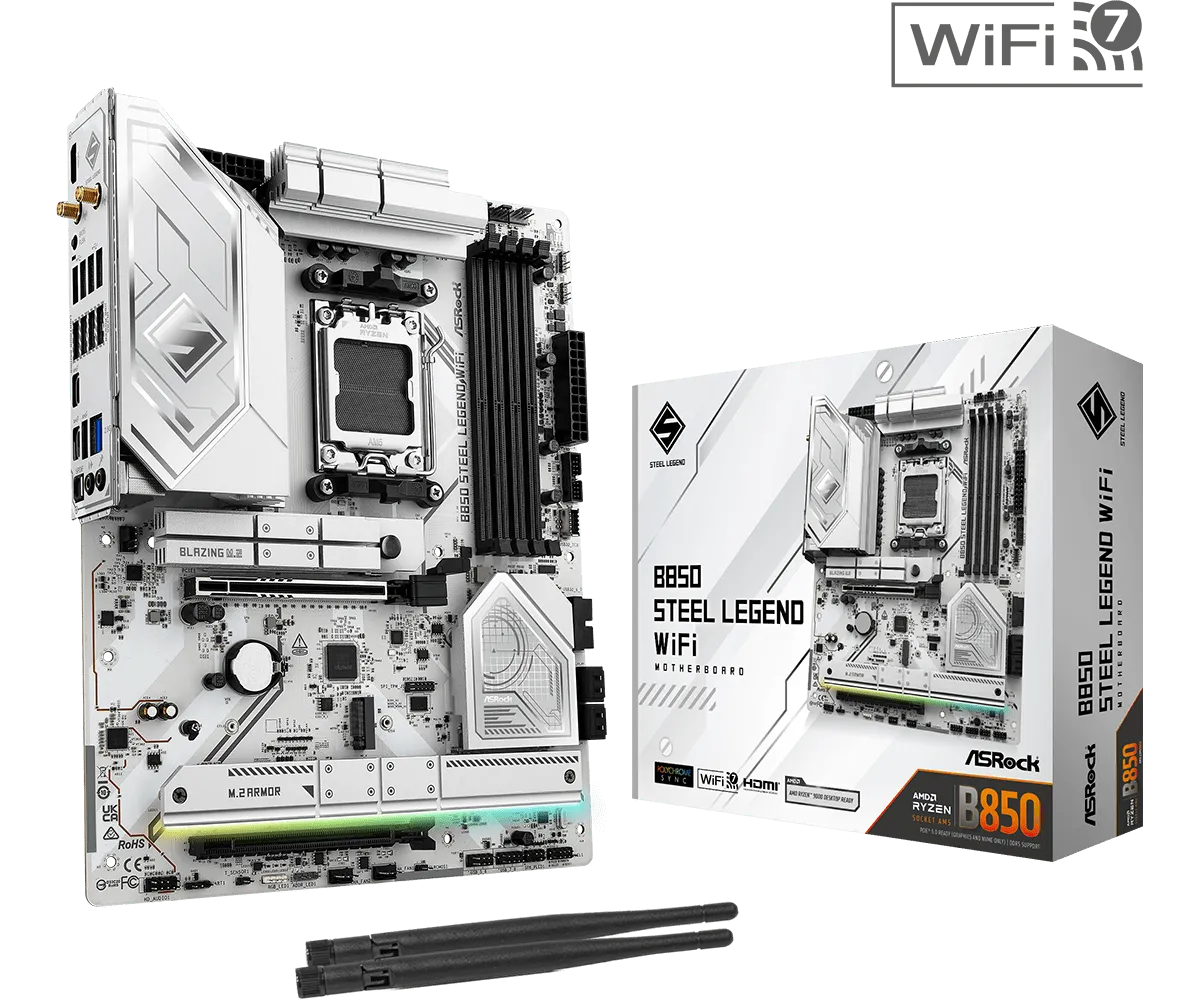 Материнская плата ASRock B850 Steel Legend WiFi [AM5, AMD B850, 4xDDR 5, 4xM.2, 2xPCI-E x16, Standard-ATX]