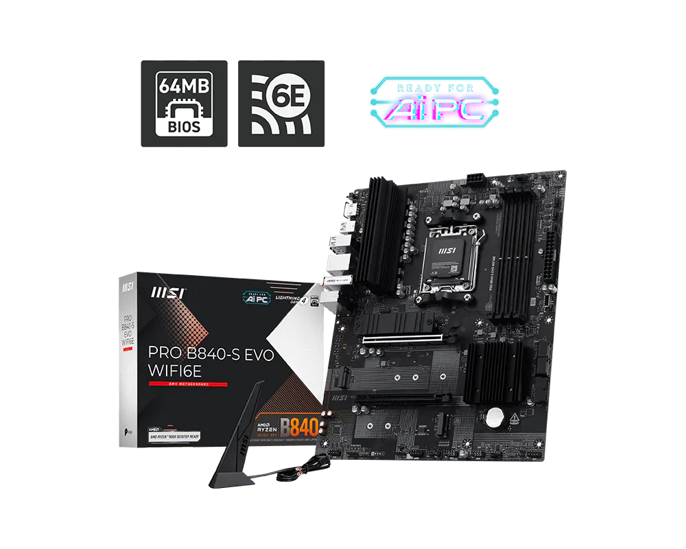 Материнская плата MSI PRO B840-S EVO WIFI6E [AM5, AMD B840, 4xDDR 5, 3xM.2, 1xPCI-E x16, Standard-ATX]