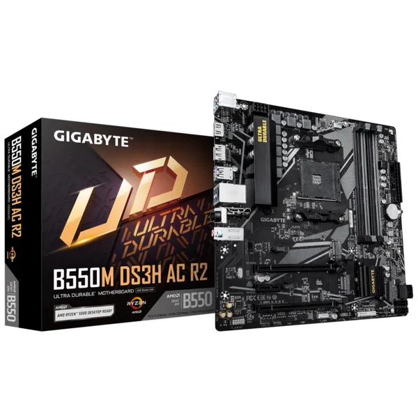 Материнская плата Gigabyte B550M DS3H AC R2 [AM4, AMD B550, 4xDDR 4, 2xM.2, 2xPCI-E x16, Micro-ATX]
