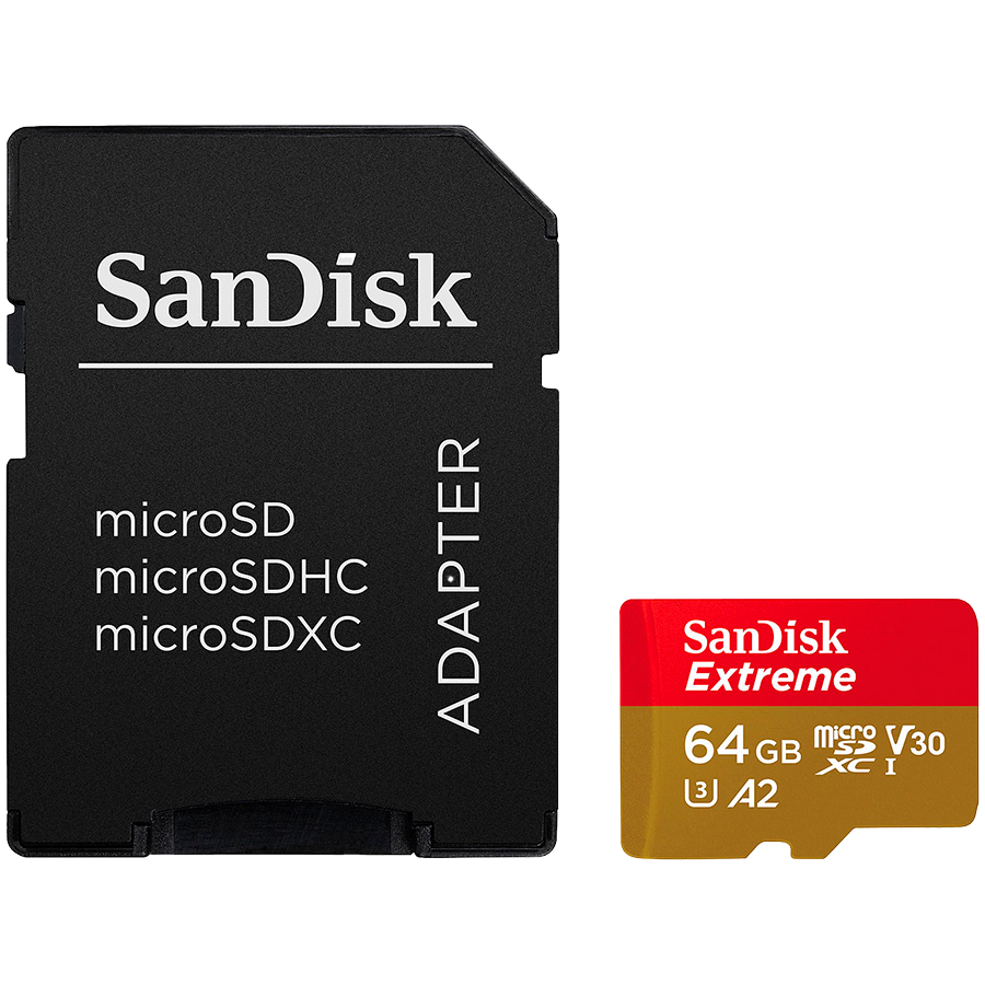 Карта памяти SANDISK Extreme microSDXC 64GB + SD Adapter, A2 C10 V30 UHS-I U3 (SDSQXAH-064G-GN6MA)