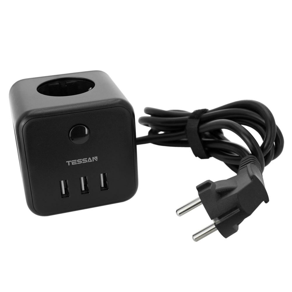 Сетевой фильтр + зарядка Tessan TS-301, 1.5m, Черный 3 розетки, 10A, 3 USB 2.4A max, switch, black