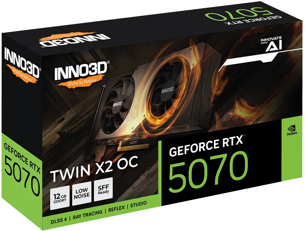 Видеокарта Inno3D GeForce RTX5070 TWIN X2 OC (N50702-12D7X-195064N) [12 ГБ, GDDR7, 192 бит, HDMI, DisplayPort (3 шт)]
