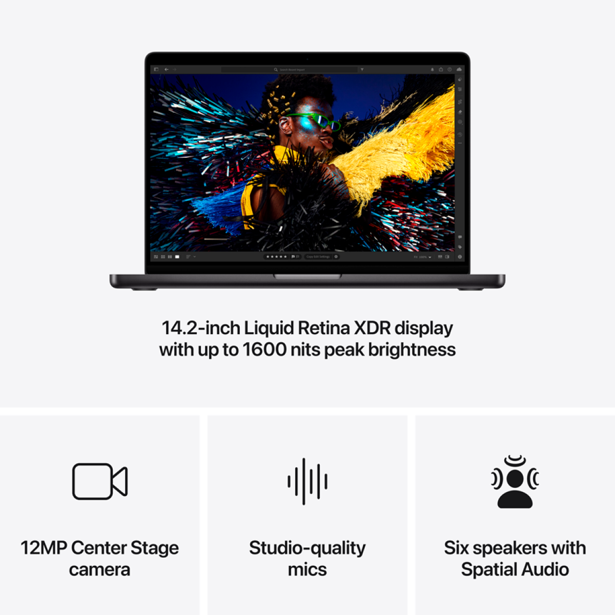 MacBook Pro 14-inch,Space Black,Model A3401,APPLE M4 PRO, 14C CPU, 20C GPU,48GB unified memory,96W USB-C Power Adapter,512GB SSD storage,3x TB5, HDMI, SDXC, MagSafe 3,Touch ID,XDR display, Standard display,Force Touch Trackpad, KEYBOARD-SUN