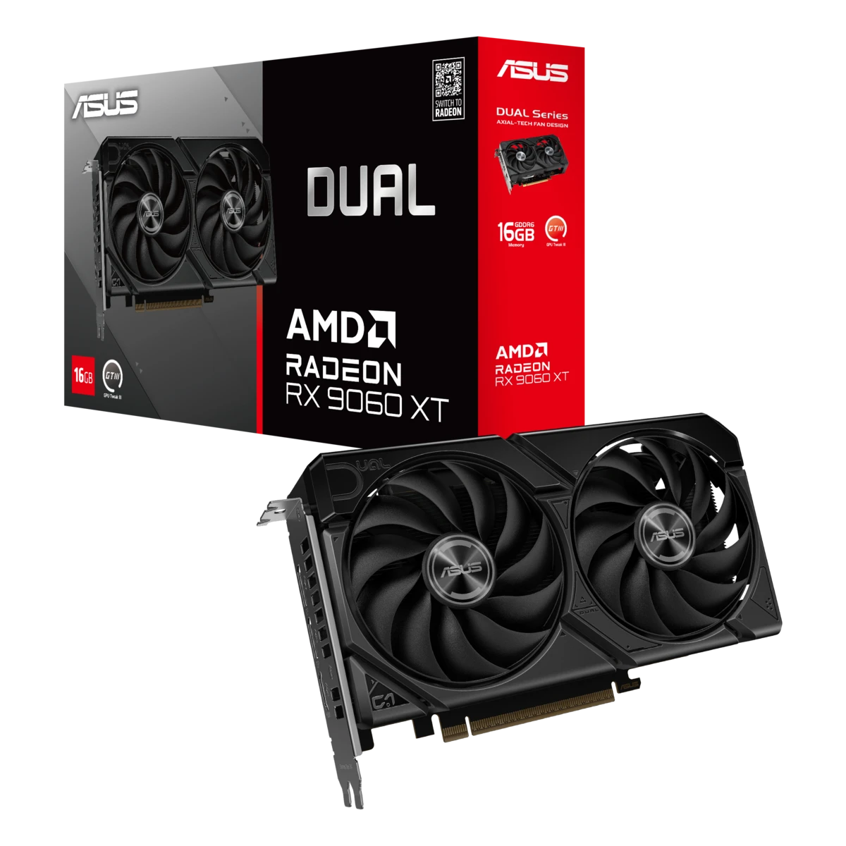 Видеокарта Asus RX 9060 XT DUAL (DUAL-RX9060XT-16G) [16 ГБ, GDDR6, 128 бит, HDMI, DisplayPort (2 шт)]