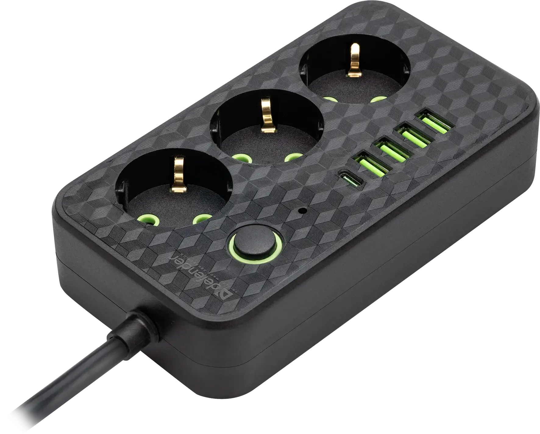 Удлинитель Defender без заземления R220 (99293) 3 м, 3 розетки, 4xUSB, 1xType-C, черный