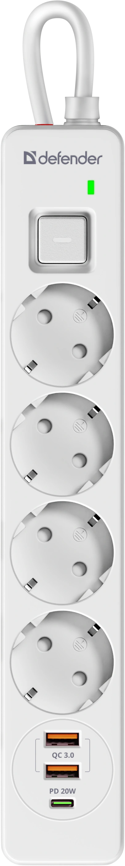 Сетевой фильтр Defender DFS 143 - 3,0 М, 4 розеток, 2xUSB, 1xType-C, белый