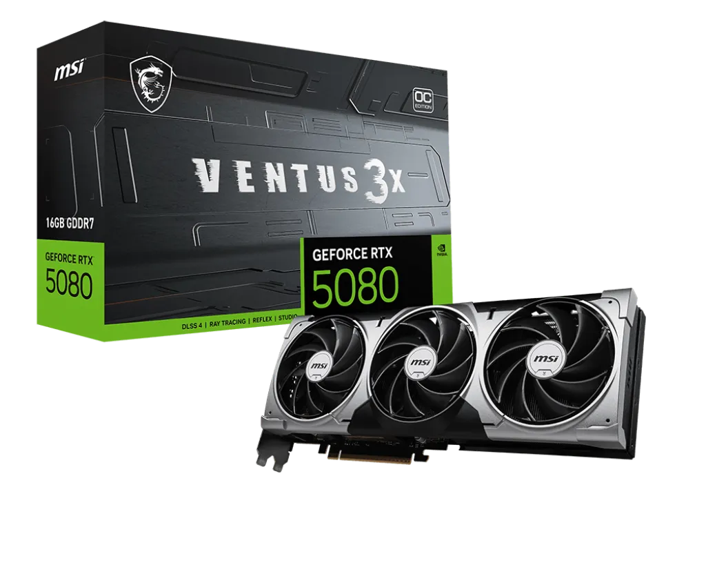 Видеокарта MSI GeForce RTX 5080 16G VENTUS 3X OC PLUS (G5080-16V3CP) [16 ГБ, GDDR7, 256 бит, HDMI, DisplayPort (3 шт)]