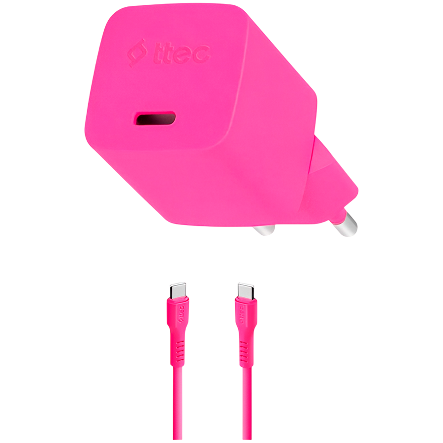 ttec SmartCharger GAN 20W PD (2SCG20CNP) Travel Fast Charger + USB-C - USB-C 3A Cable 120cm, Neon Pink