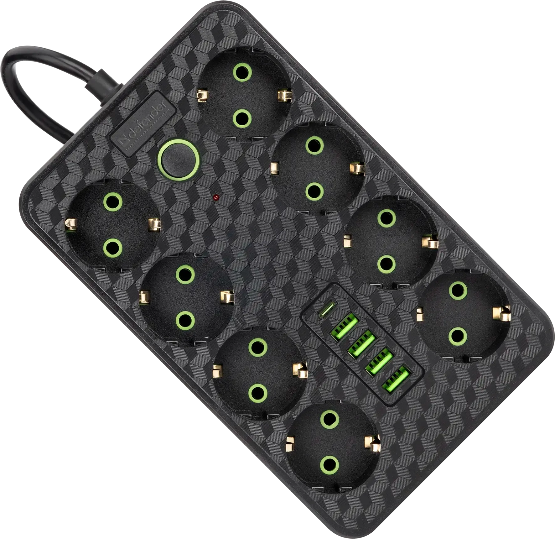 Удлинитель Defender без заземления R215 (99291) 3 м, 8 розеток, 4xUSB, черный