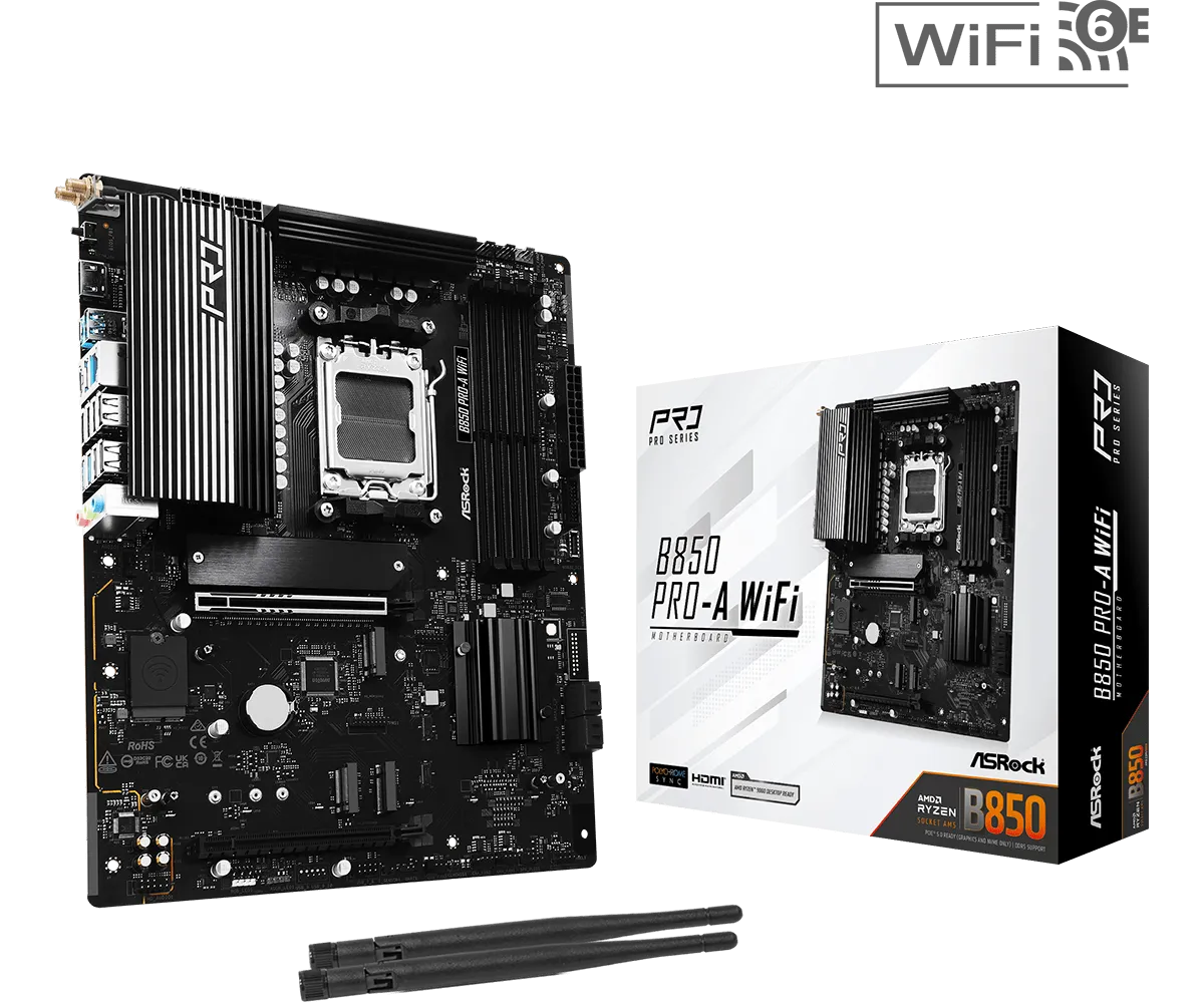 Материнская плата ASRock B850 Pro-A WiFi [AM5, AMD B850, 4xDDR 5, 3xM.2, 2xPCI-E x16, Standard-ATX]
