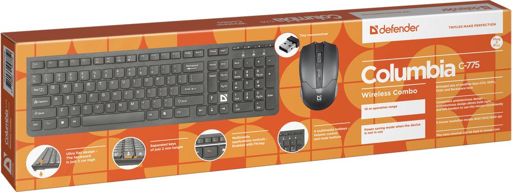 Комплект клавиатура+мышь Defender Columbia C-775 RU, черный, Мембранная/ Беспроводная/ Клавиш - 108/