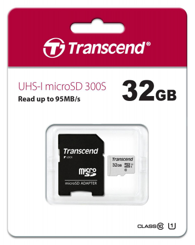 Карта памяти microSDHC, 32 GB, Transcend, TS32GUSD300S-A, Class 10, U1