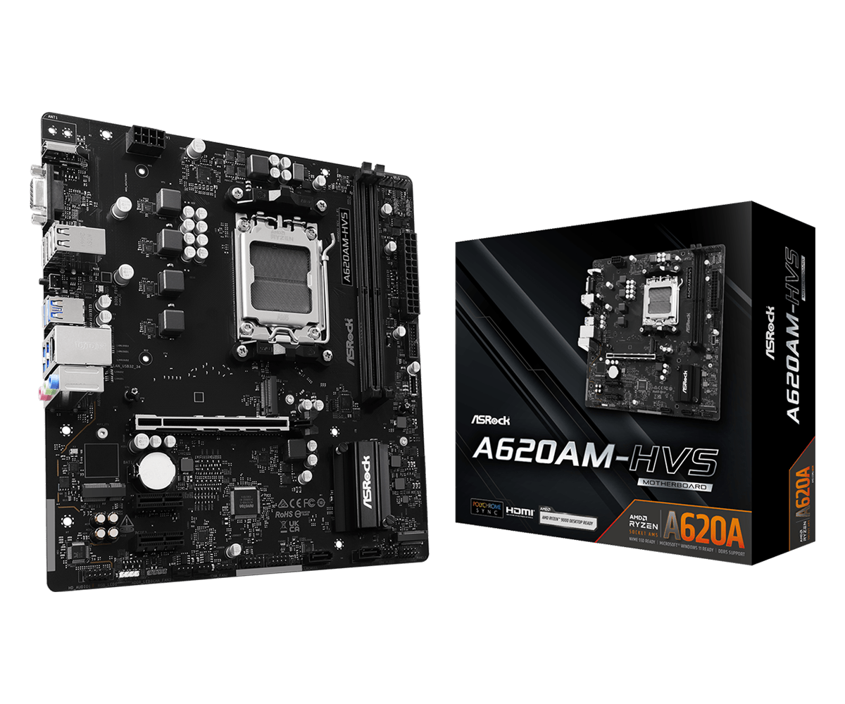 Материнская плата ASRock A620AM-HVS [AM5, AMD A620, 2xDDR 5, 2xM.2, 1xPCI-E x16, Micro-ATX]