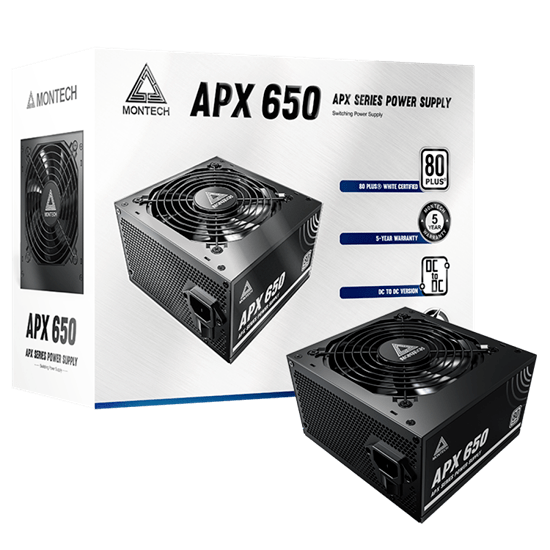Блок питания Montech 650W, APX 650W, Non Modular, ATX, 80+ WHITE, КПД 90%, Fan 120mm, Черный