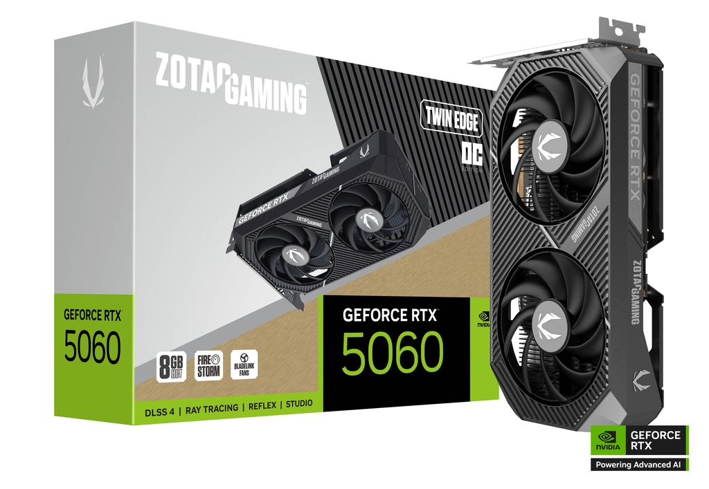 Видеокарта Zotac RTX 5060 TWIN EDGE OC (ZT-B50600H-10M) [8 ГБ, GDDR7, 128 бит, HDMI, DisplayPort (3 шт)]