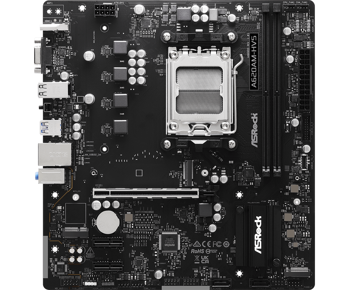 Материнская плата ASRock A620AM-HVS [AM5, AMD A620, 2xDDR 5, 2xM.2, 1xPCI-E x16, Micro-ATX]