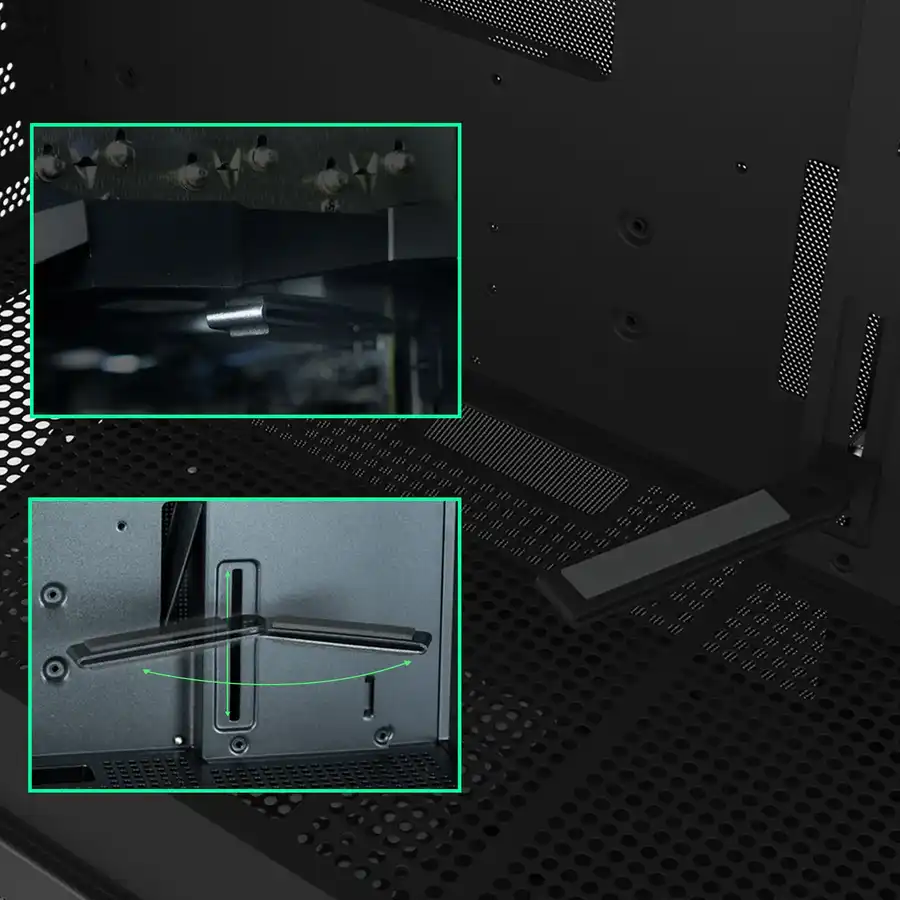 В комплект входит кронштейн для крепления видеокарты с регулировкой высоты.