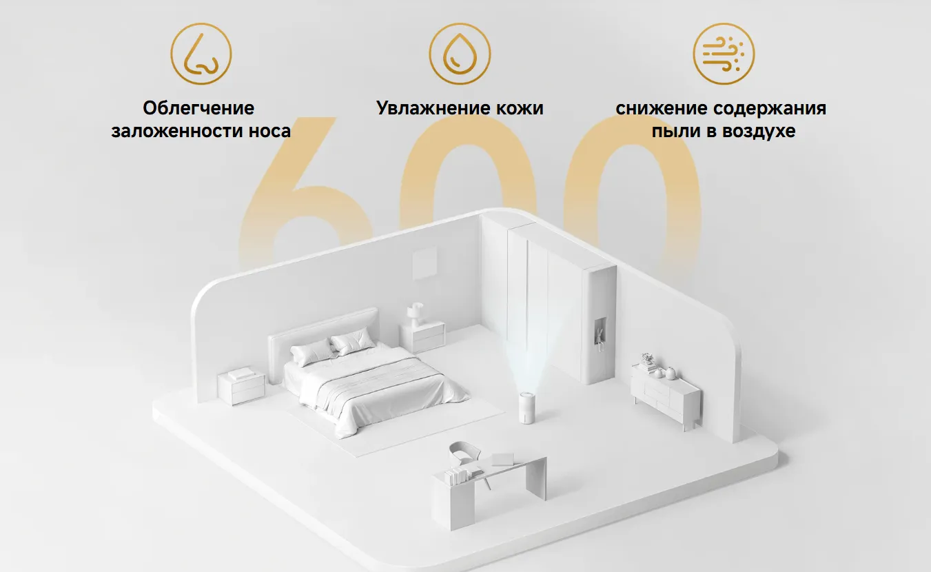 Увлажнение воздуха без образования тумана со скоростью 600 мл/ч 1 Быстрое увлажнение даже в больших помещениях.