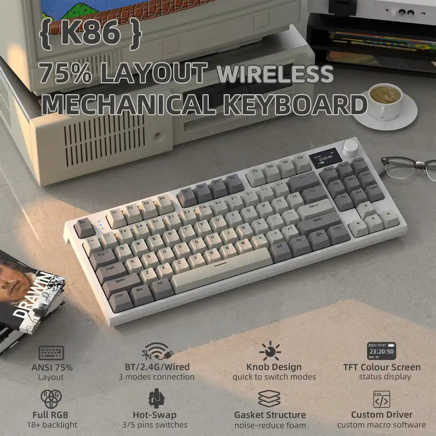 86 клавиш, раскладка ANSI, колпачки клавиш из PBT-пластика, изготовленные методом двойного литья.