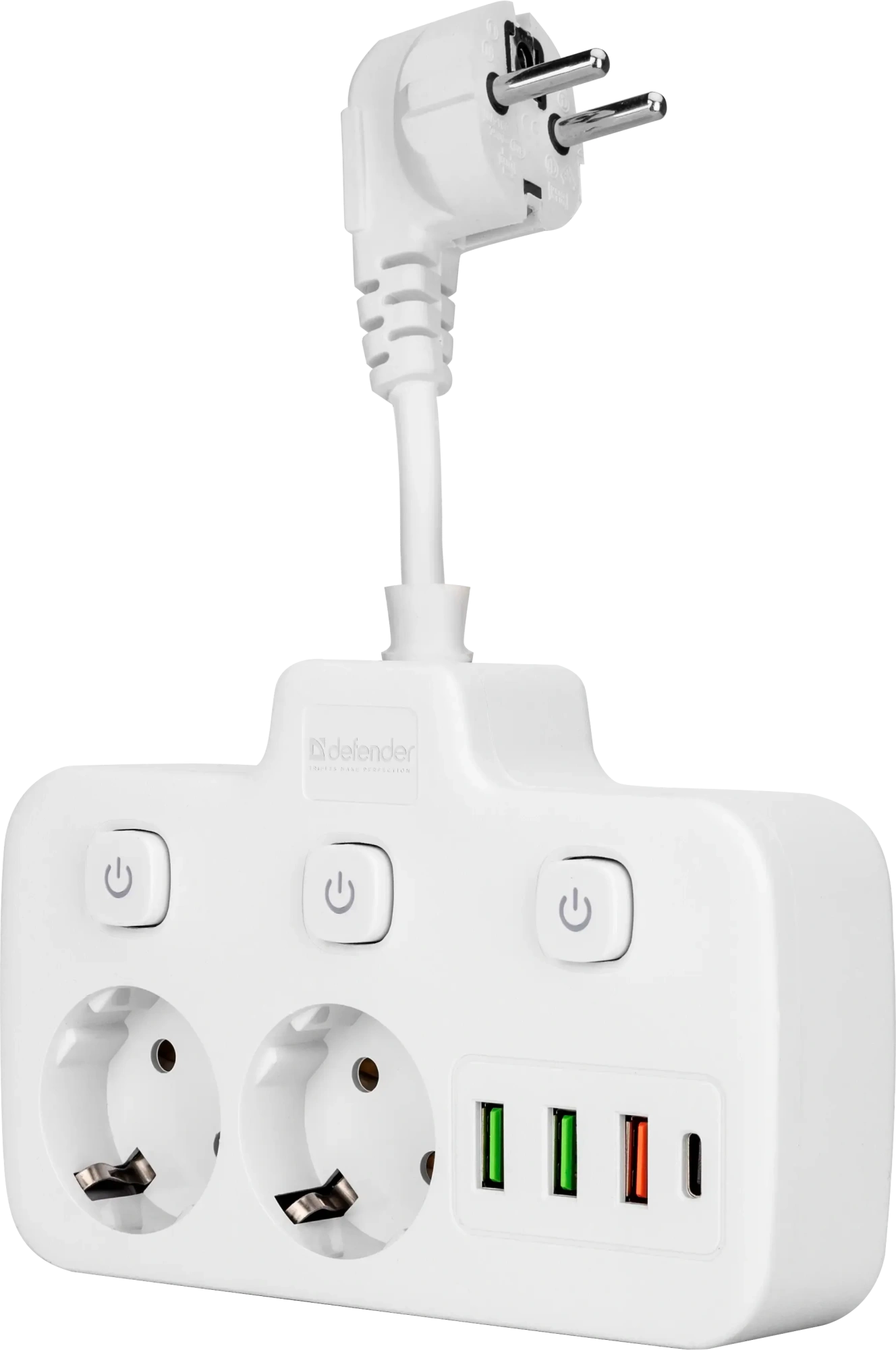 Удлинитель Defender без заземления R240 (99295) 0.2м, 2 розетки, 3xUSB, 1xType-C, белый