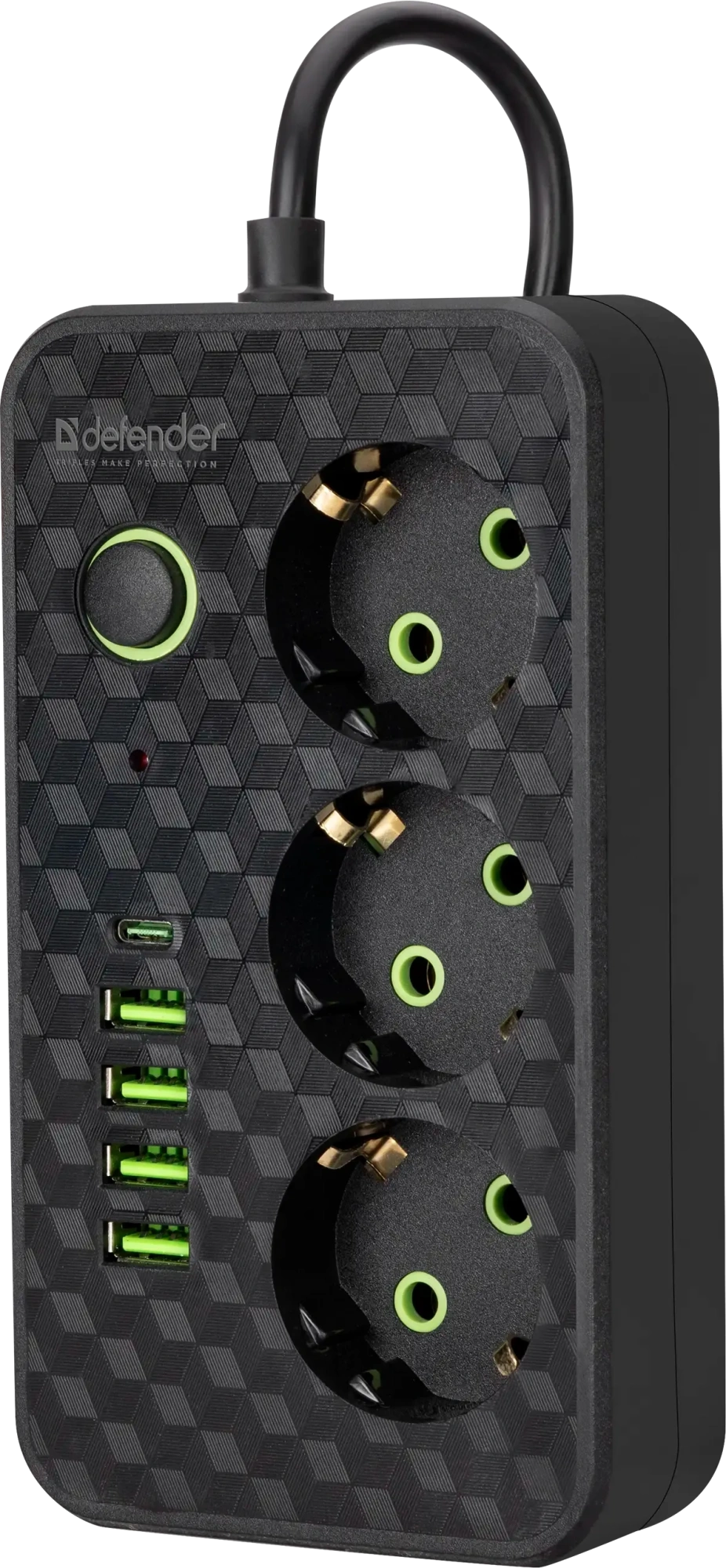 Удлинитель Defender без заземления R220 (99293) 3 м, 3 розетки, 4xUSB, 1xType-C, черный